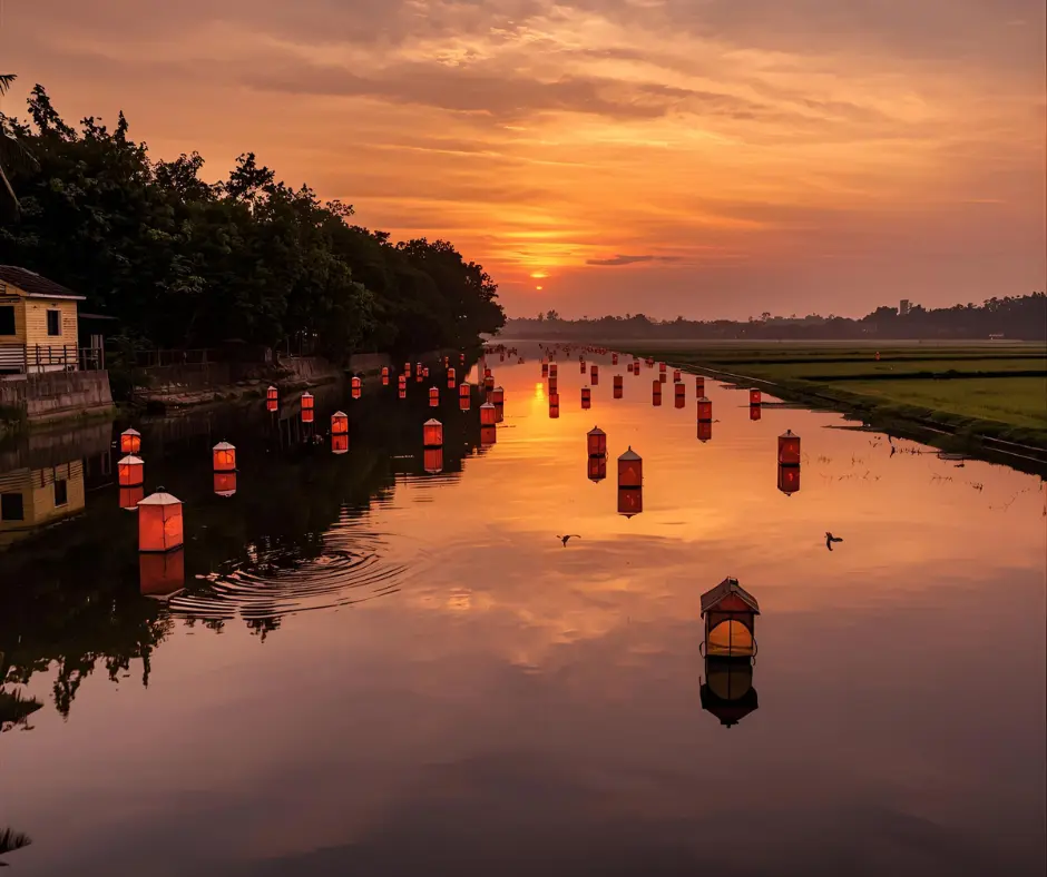 Lanterns above a waterway at sunset Lanterns above a waterway at sunset
