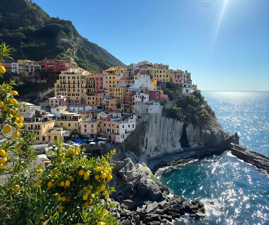 Colorful coastal hillside village Colorful coastal hillside village