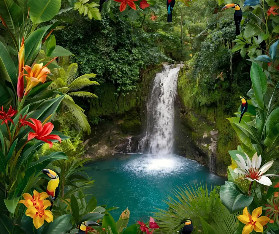 Waterfall surrounded by tropical greenery Waterfall surrounded by tropical greenery